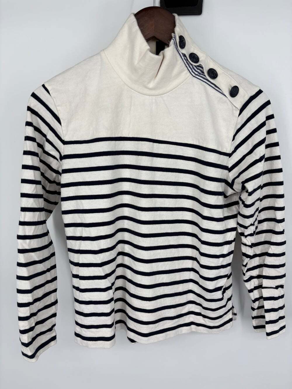 XS J Crew 100% Cotton Nautical Mock Neck Sweater Navy Stripe Classic